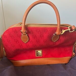 Dooney & Bourke Red and Tan Leather Satchel with Gold Hardware
